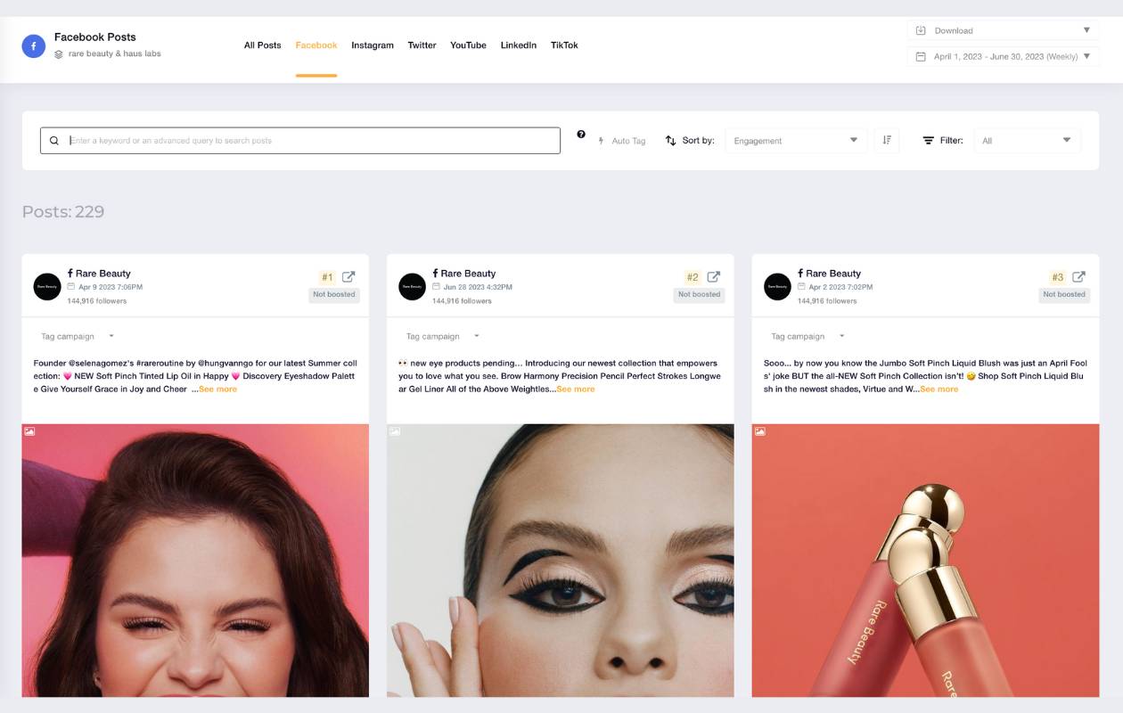 screenshot from socialinsider with posts from facebook rare beauty