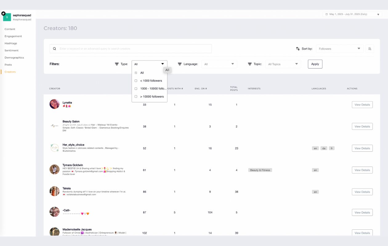 screenshot from socialinsider with social listening feature showing how to sort creators for #sephorasquad