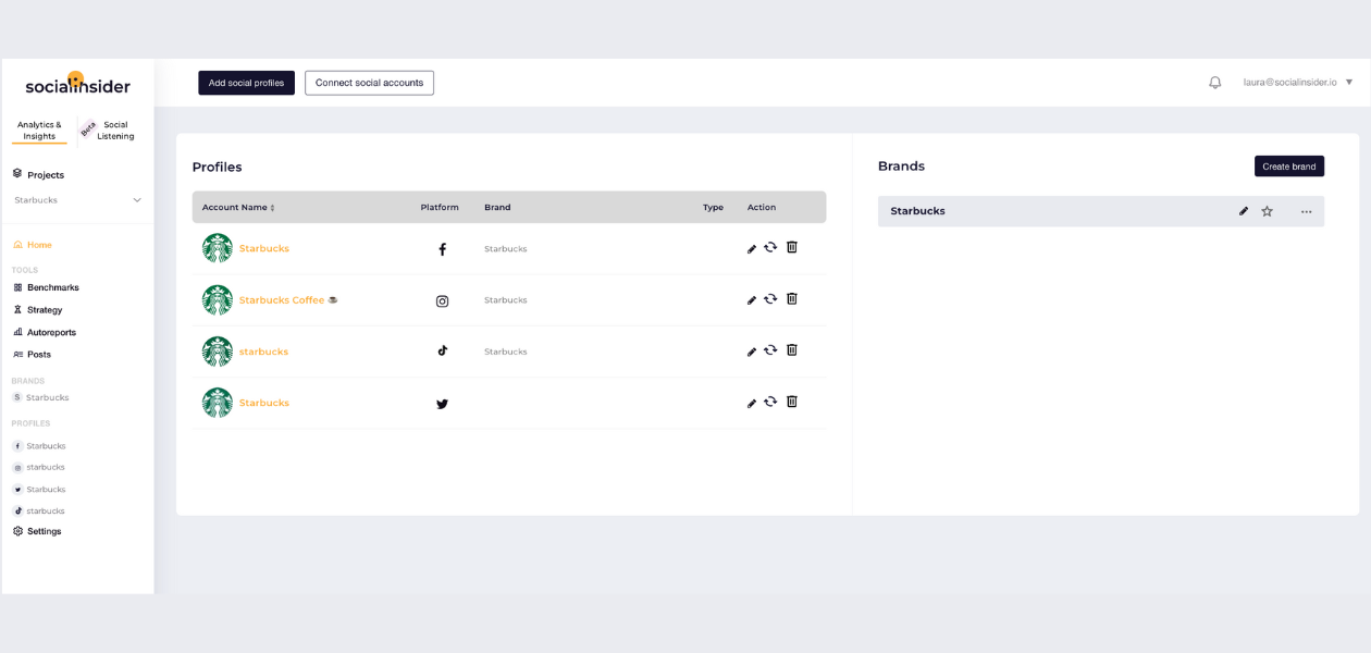 screenshot from socialinsider's dashboard showing starbucks' profiles