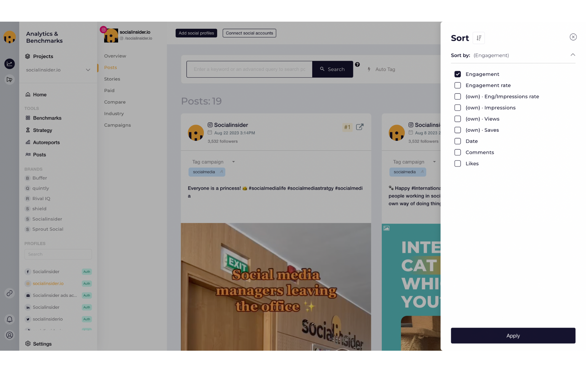 Sorting options in Socialinsider