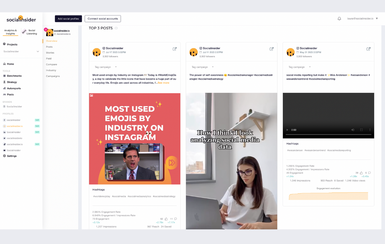 screenshot from socialinsidr with top 3 posts for socialinsider on instagram