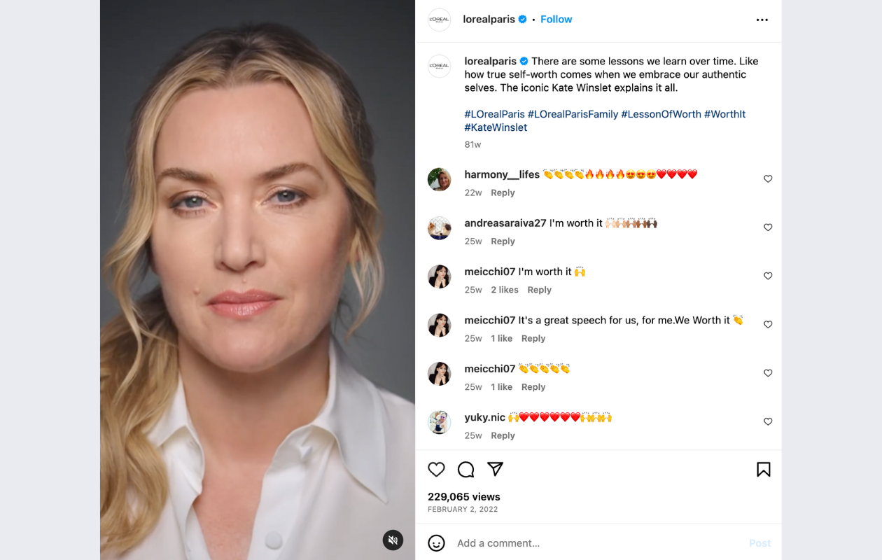 screenshot from a post on l'oreal's instagram with kate winslet