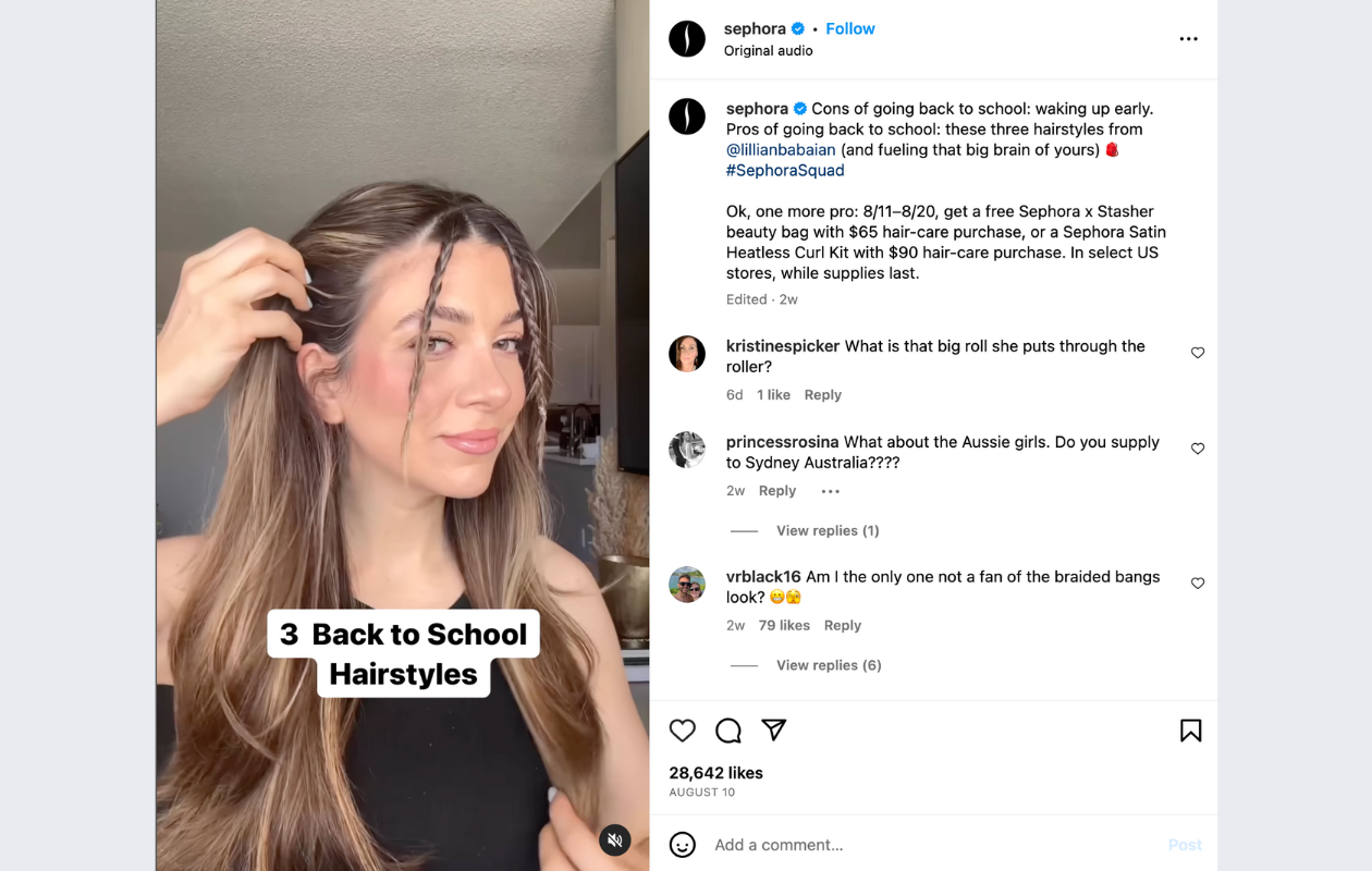 screenshot from sephora's post on insta showing a girl brading her hair