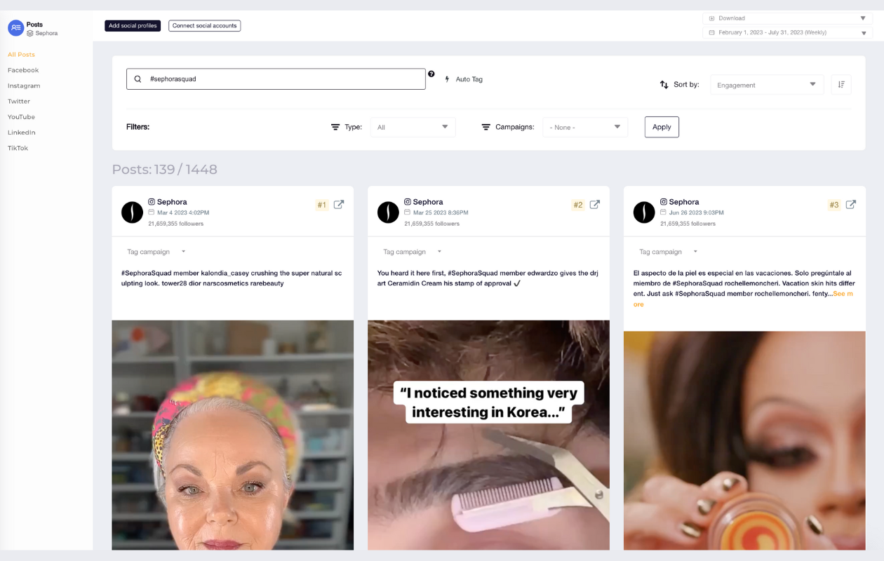 screenshot from socialinsider with sephora's posts using the hashtag #sephorasquad