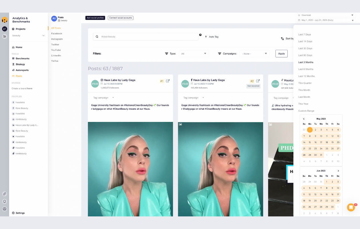 screenshot from socialinsider showing posts from the last 3 months