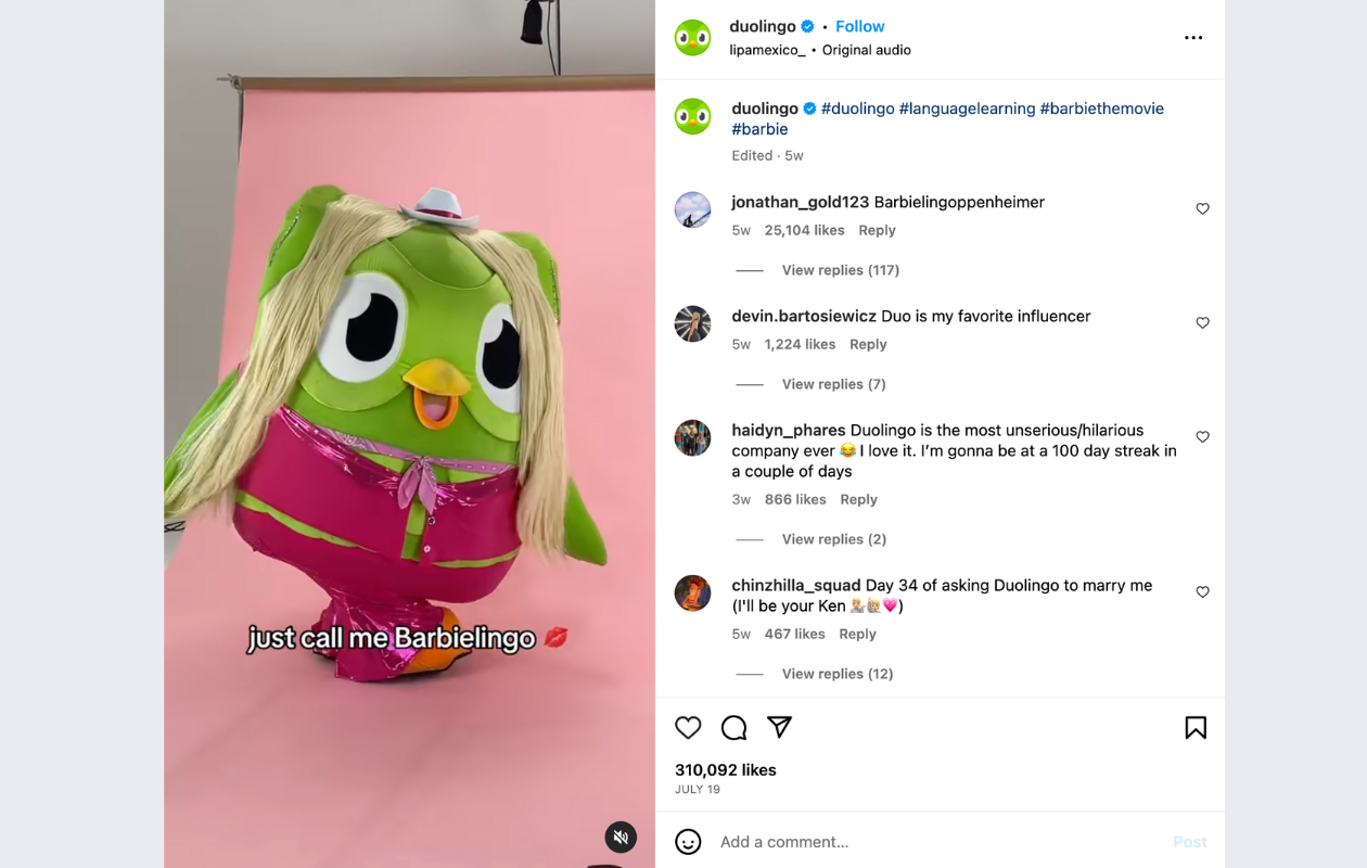 screenshot from duolingo's instagram with a post with their mascot