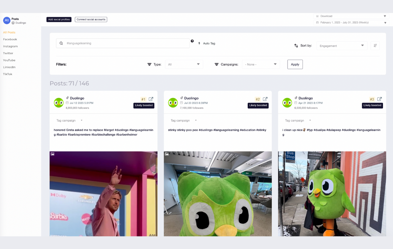 screenshot from socialinsider's posts section with duolingo's posts
