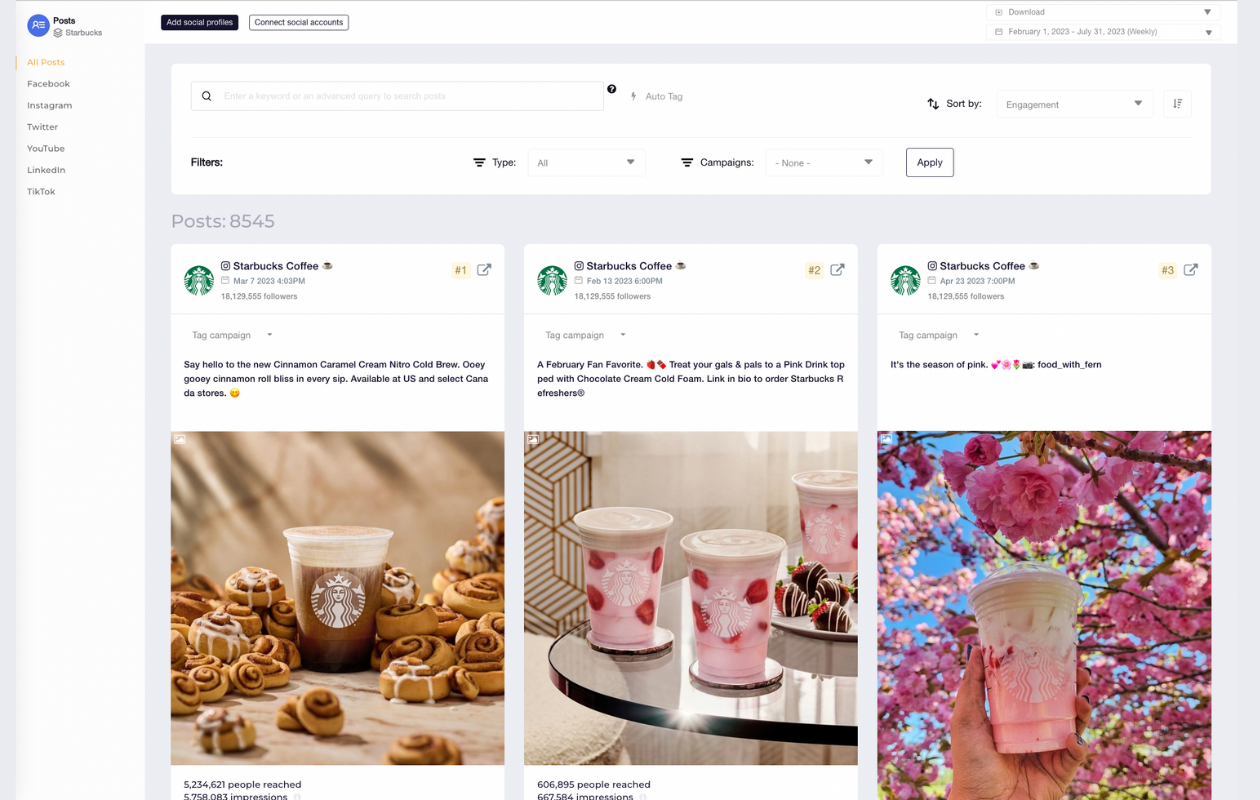 screenshot from socialinsider showing all posts for starbucks instagram