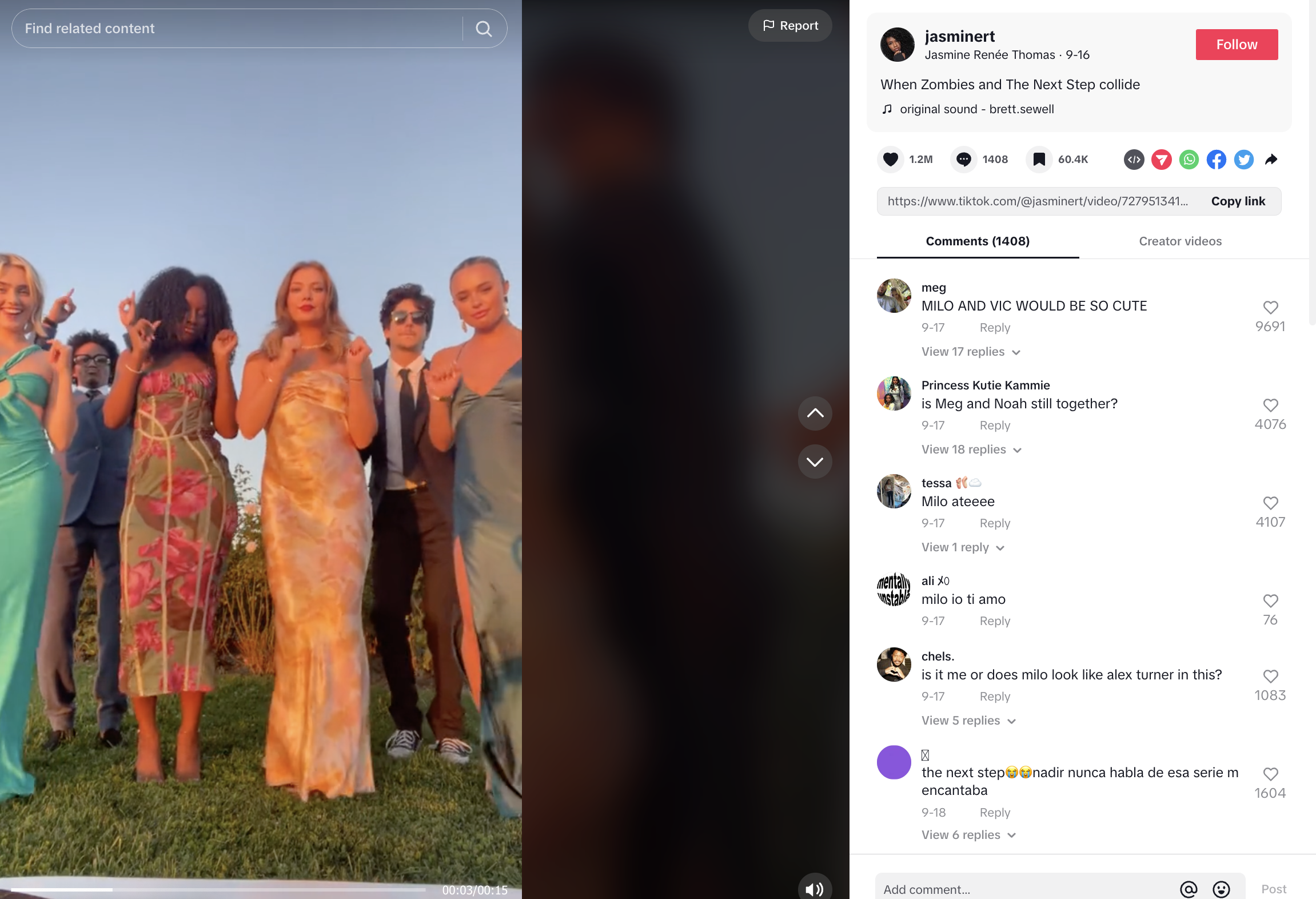 screenshot from tiktok with 2 boys and 4 girls dancing, all dressed for a party