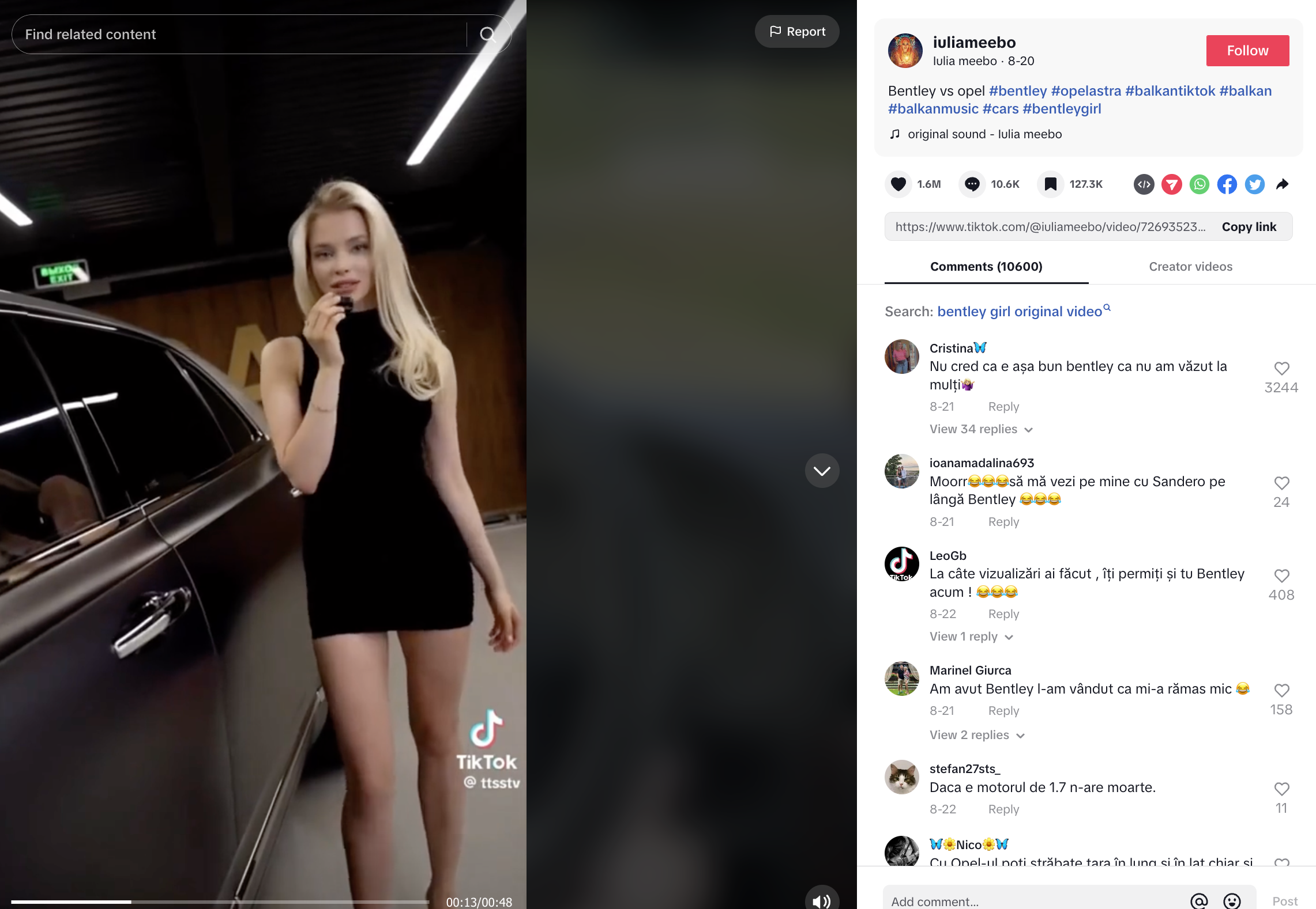 screenshot from tiktok with a blonde girl in a black dress near a bentley, speaking at the microphone