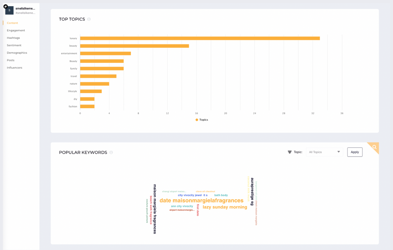 screenshot from socialinsider listening showing top topics and popular keywords