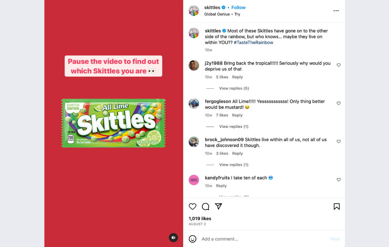 screenshot from skittles insta showing a green pack of candy on a red background