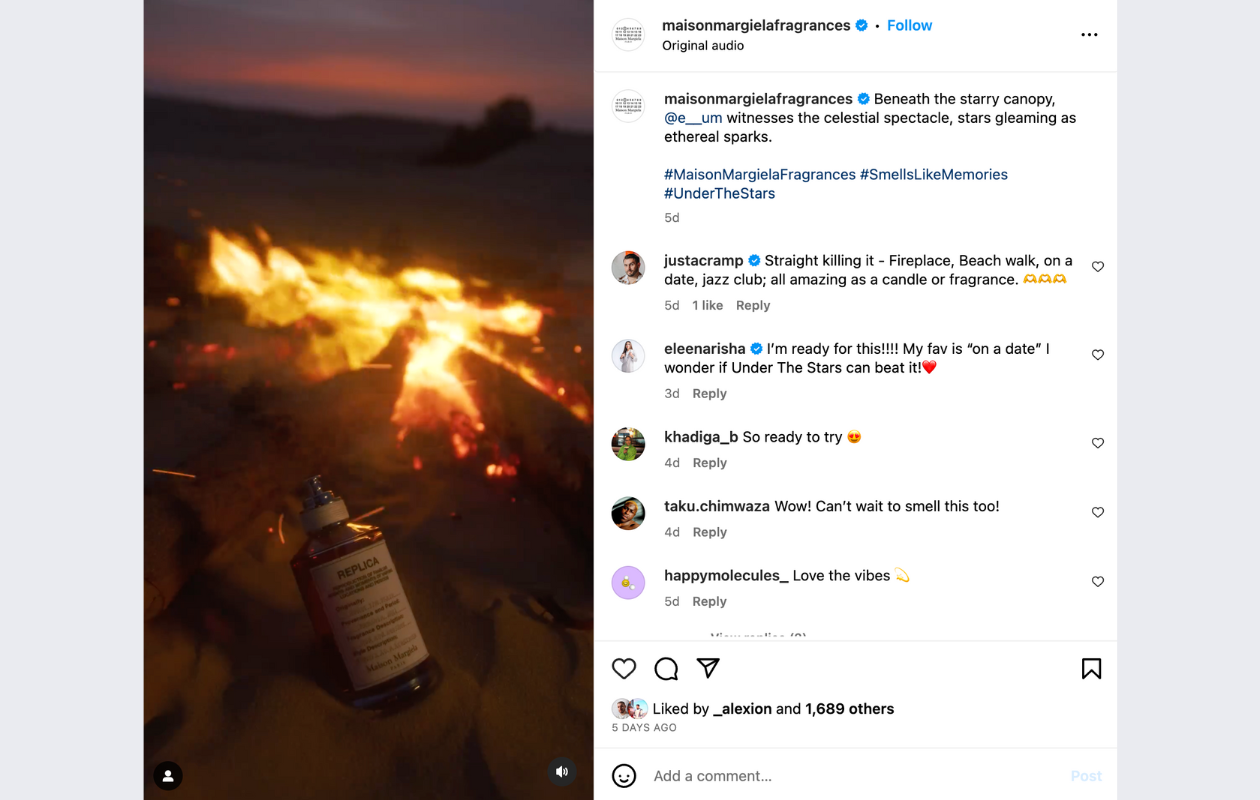screenshot from maison margiela fragrances post on instagram showing a perfume on a beach