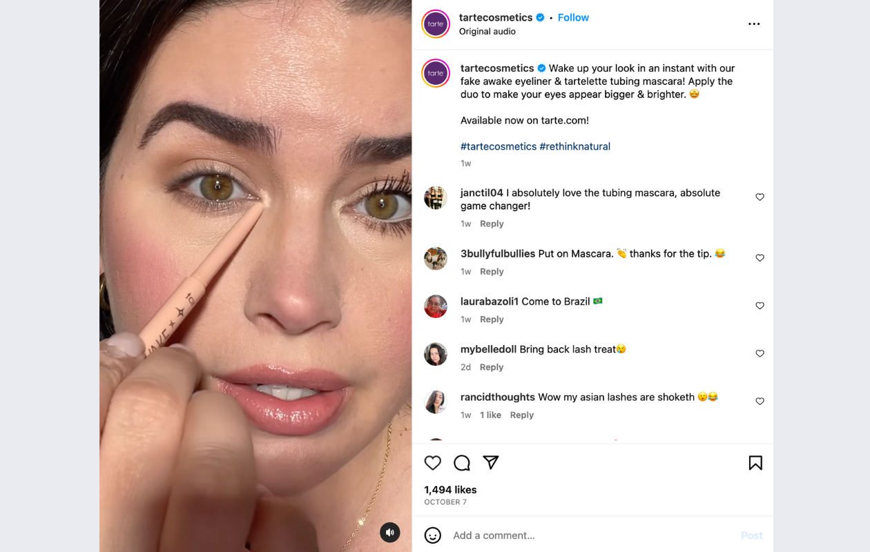screenshot from tarte cosmetics insta with a girl applying eyeliner
