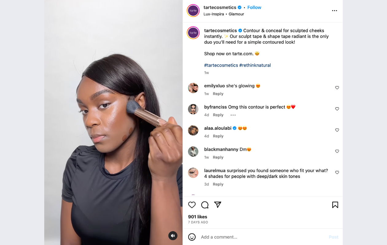 screenshot from tarte cosmetics insta with a girl applying foundation, wearing a black t-shirt