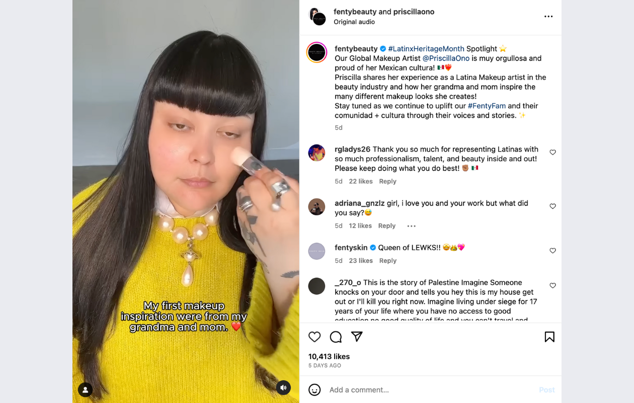 screenshot from fenty insta post with a brunette girl in a yellow sweater applying foundation