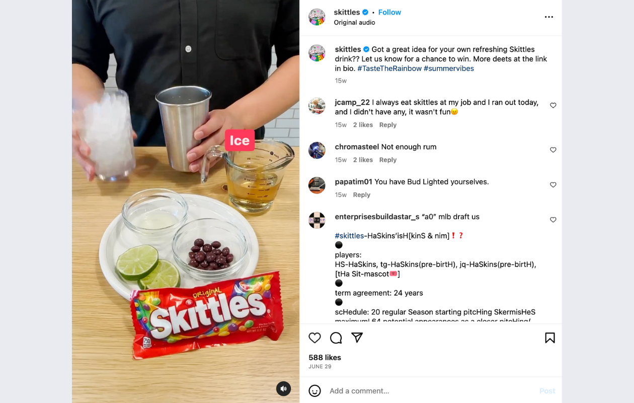 screenshot from skittles insta with a post of a guy making a skittles drink recipe