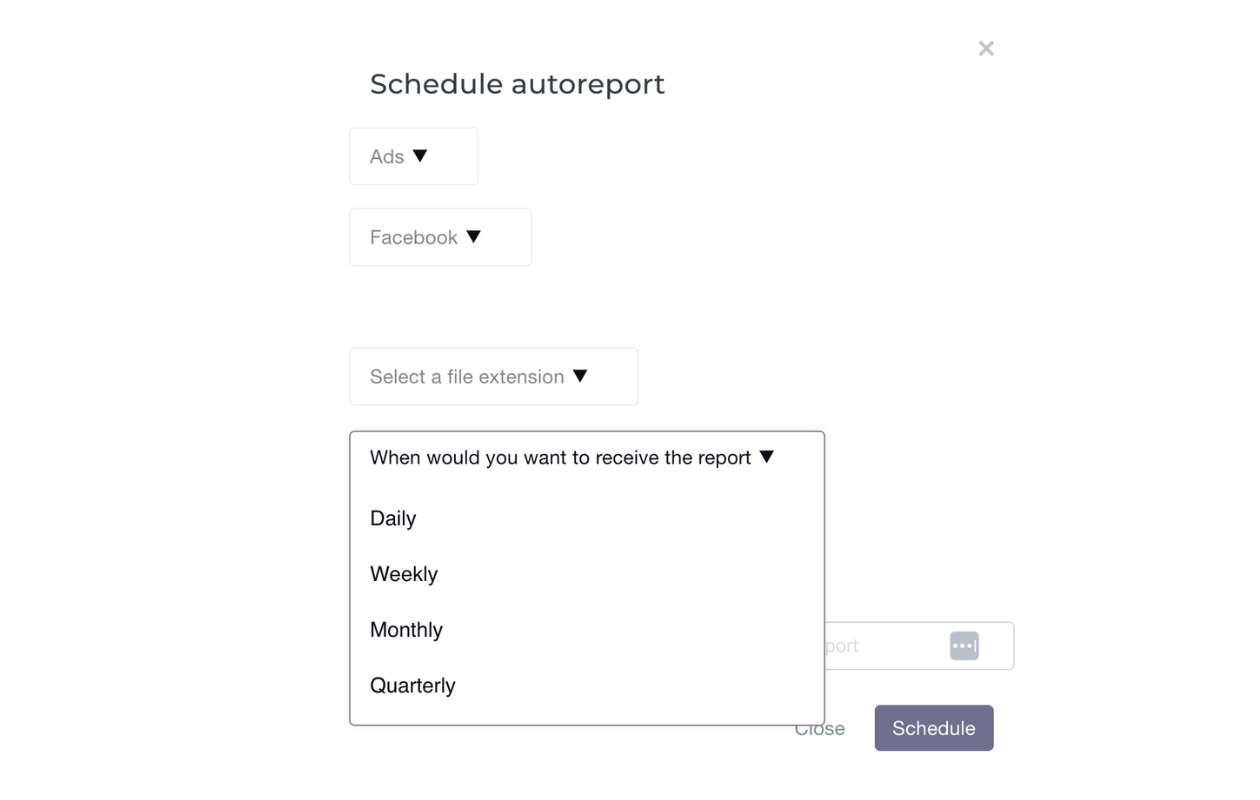 Here is a screen from Socialinsider's dashboard showing how to schedule a social media report.