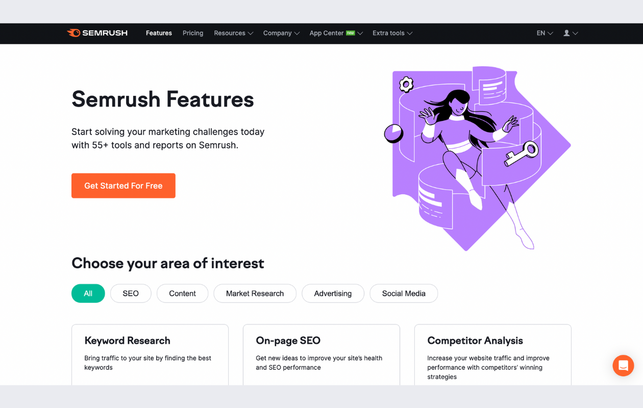 screenshot from semrush main page