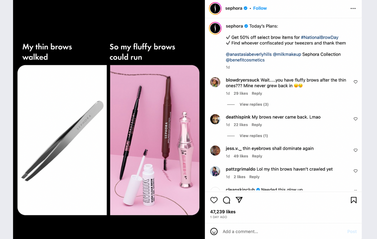 screenshot from sephora instagram with a post about brow kits and a promotion