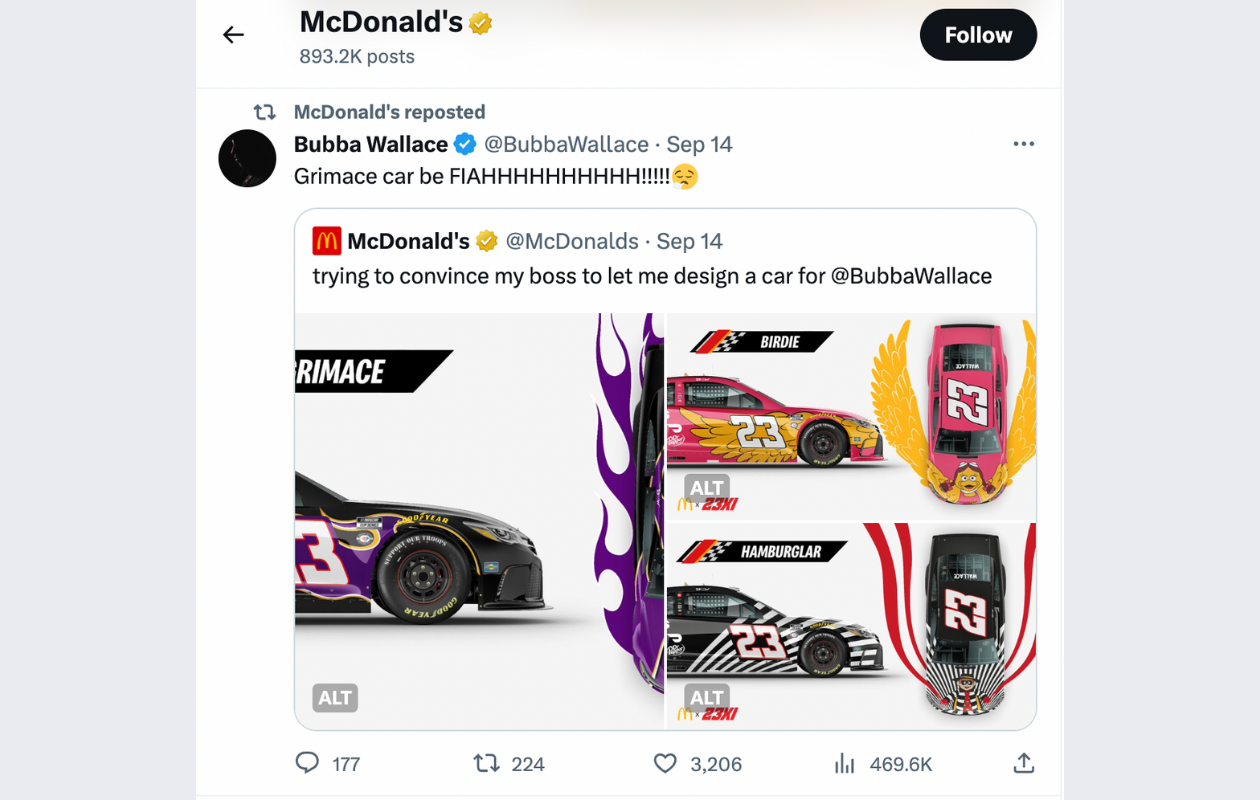 screenshot from mcdonald's twitter showing a twit with bubba wallace