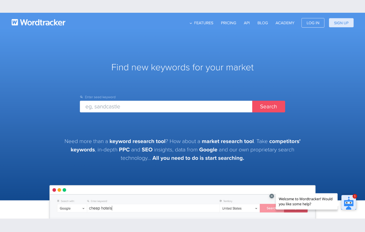 screenshot from wordtracker main page