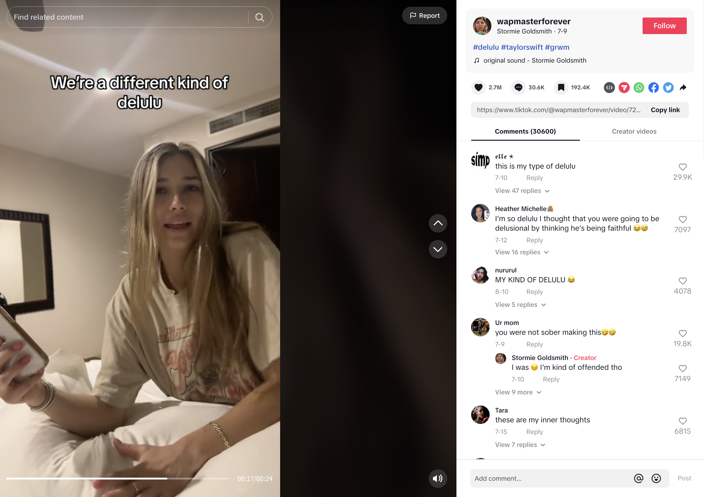 screenshot from a girl's tiktok showing her holding her phone while in bed, talking