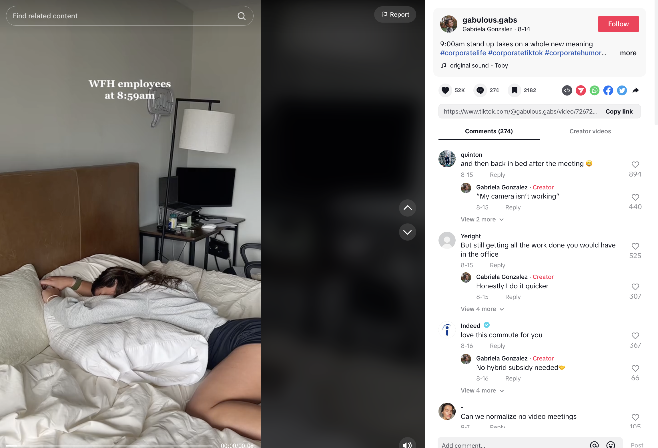screenshot from a girl's tiktok showing her in her bed sleeping
