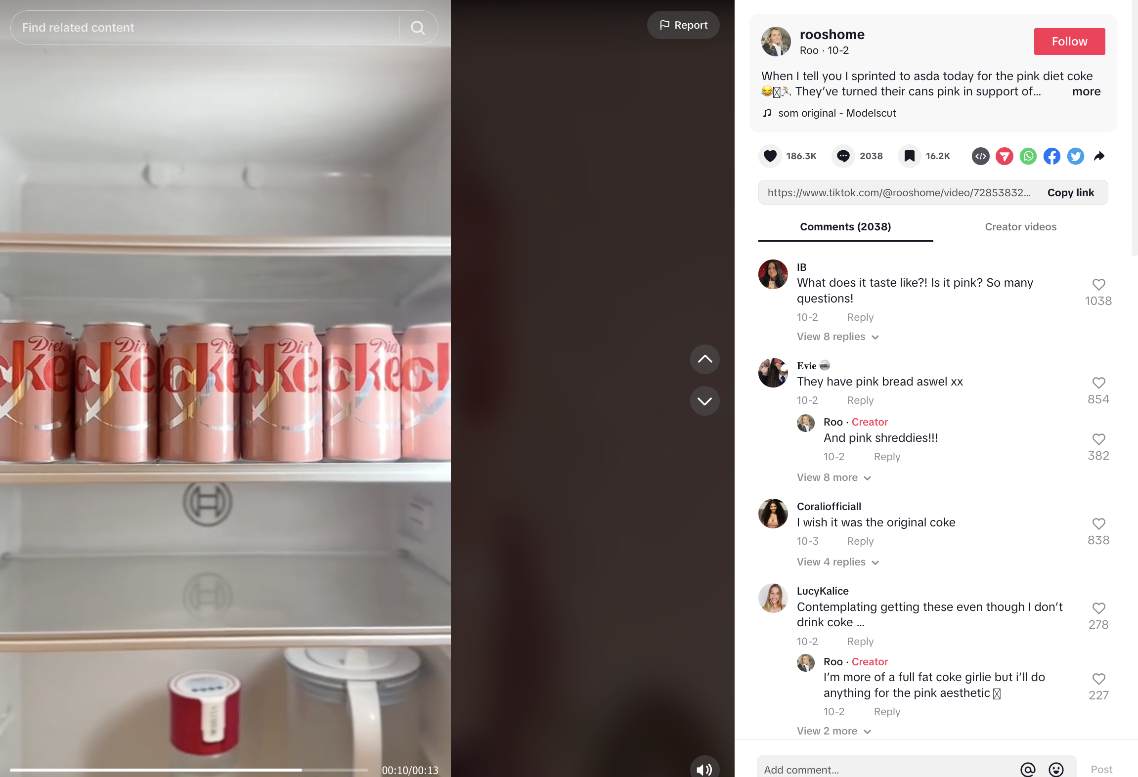 screenshot from a TikTok with a fridge in which there is pink cola cans on a shelf