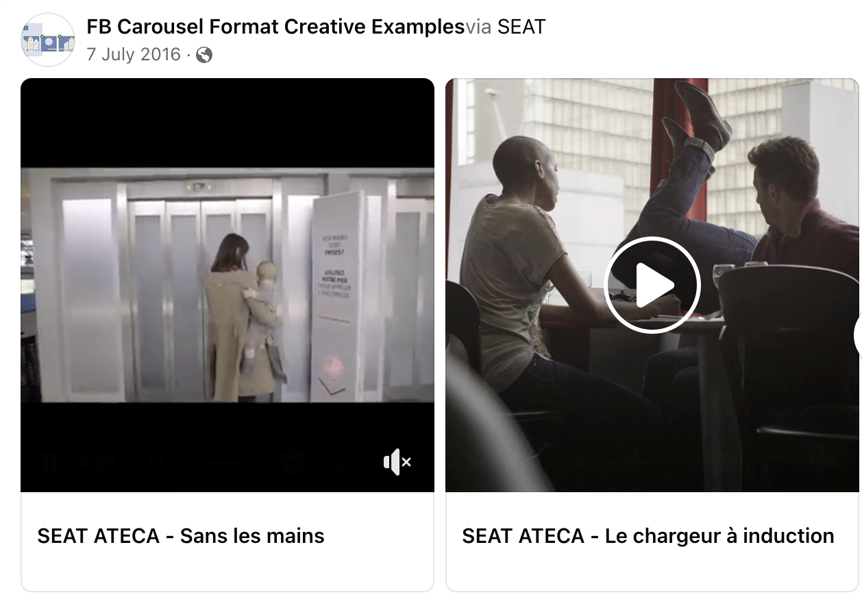 screenshot from facebook carousel videos with examples from seat