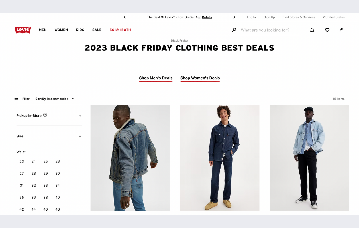 screenshot from levis website showing 3 men displaying their products for their black friday campaign