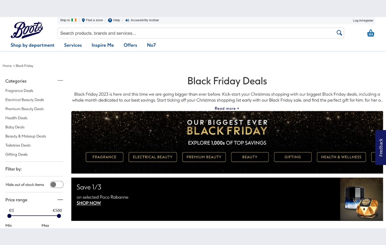screenshot from boots main page website showing their black friday deals on a white background