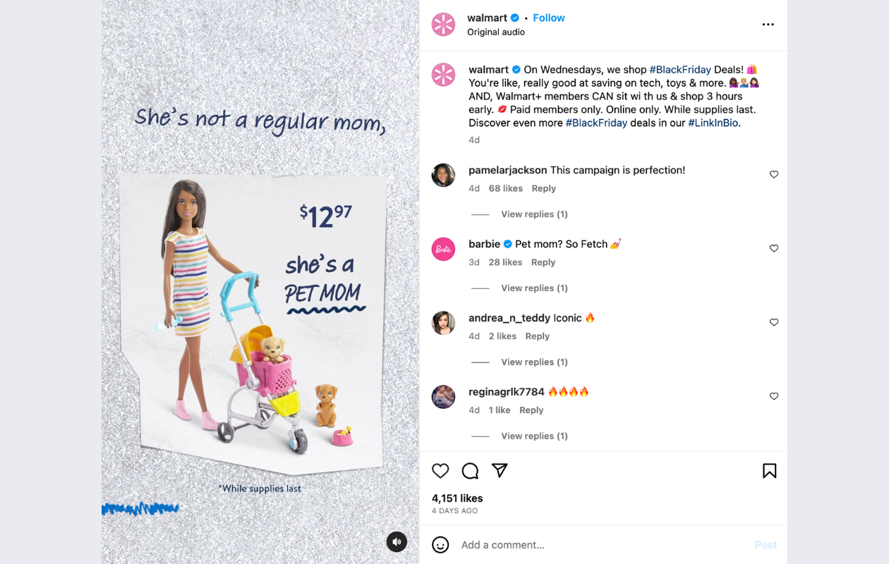 screenshot from walmart instagram showing a black friday post from their campaign with a barbie doll
