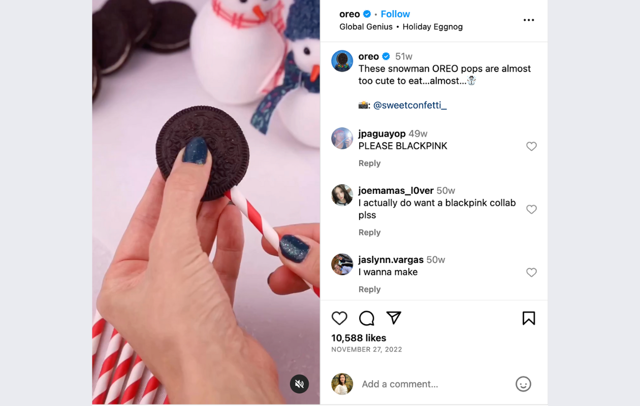 screenshot from oreo's instagram account with an oreo recipe with biscuits turned into snowmen