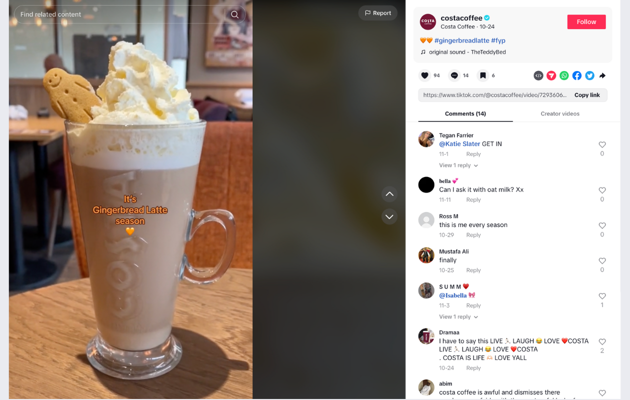 screenshot from costa coffee tiktok with a gingerbread latte on a table