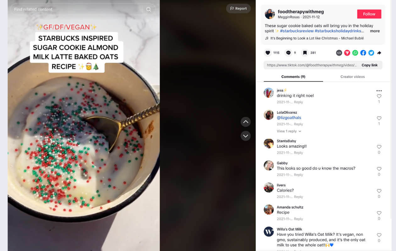 screenshot from a tiktok with a sugar cookie almond milk latte bread oats recipe inspired by starbucks