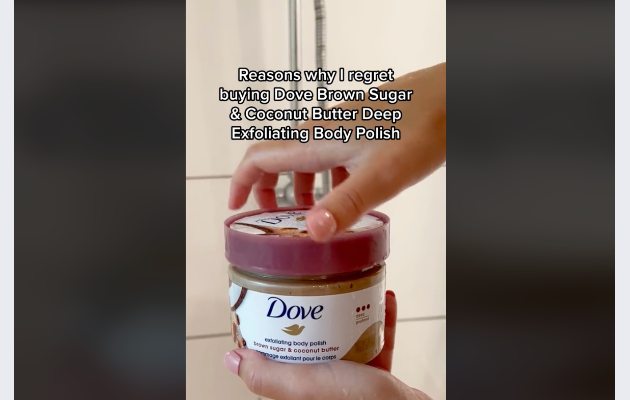 screenshot from dove's tiktok video with their brown sugar and coconut butter deep exfoliating body polish