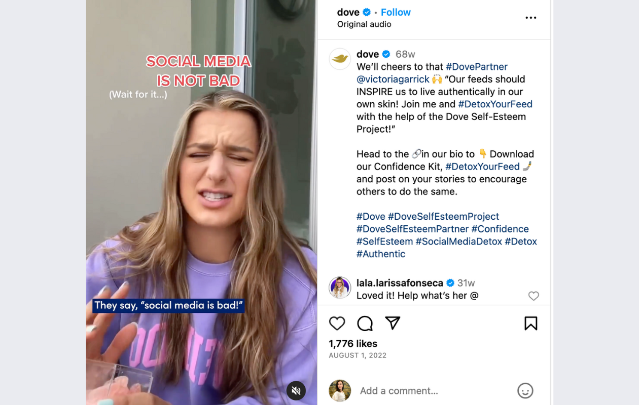 screenshot from dove's instagram reel with a blonde girl wearing a purple top talking about how social media is not bad