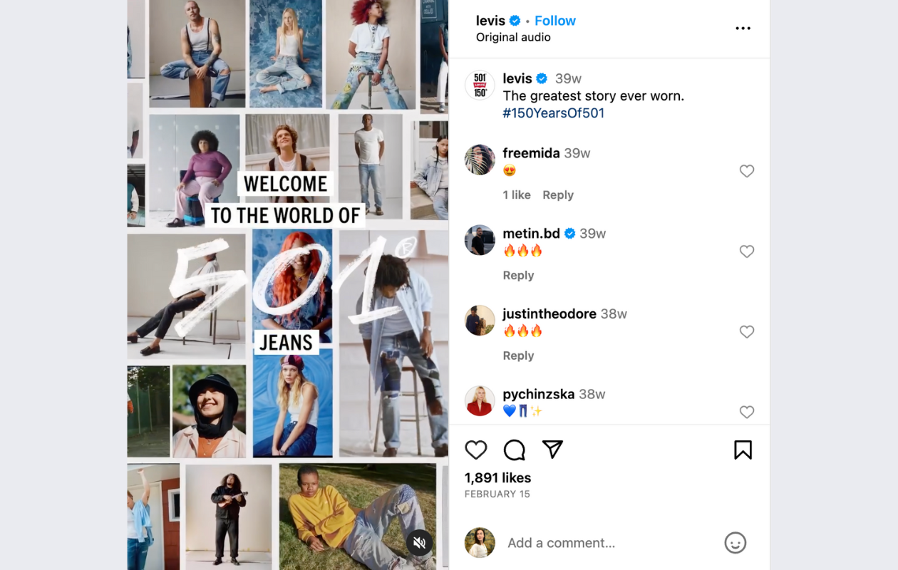 screenshot from levi's instagram reel with the stories of many people talking about their 501 pair of jeans