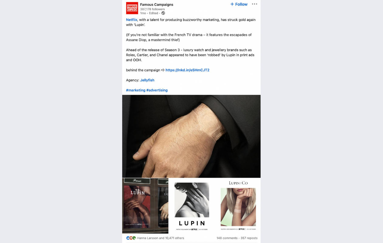 This is an example of a LinkedIn post idea that features multiple images posted by Lupin.