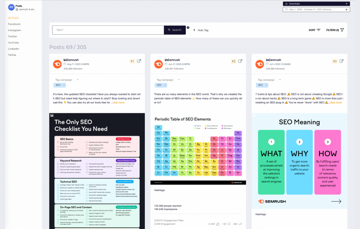 screenshot from socialinsider's posts feature with posts from ahrefs and semrush