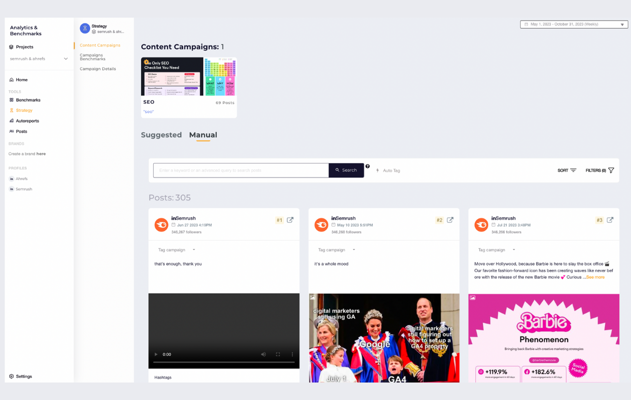 screenshot from socialinsider content campaigns showing the seo campaign for semrush and ahrefs