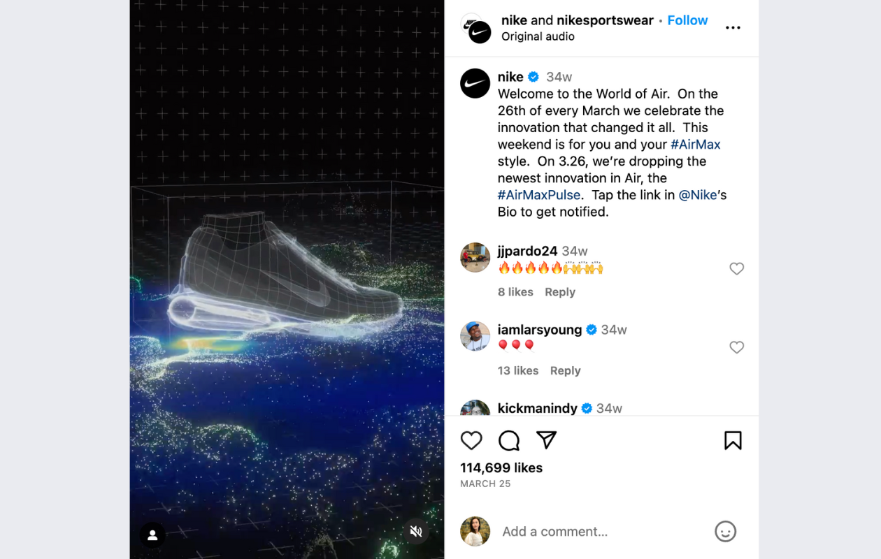 screenshot from nike's instagram reel with a new pair of sports shoes