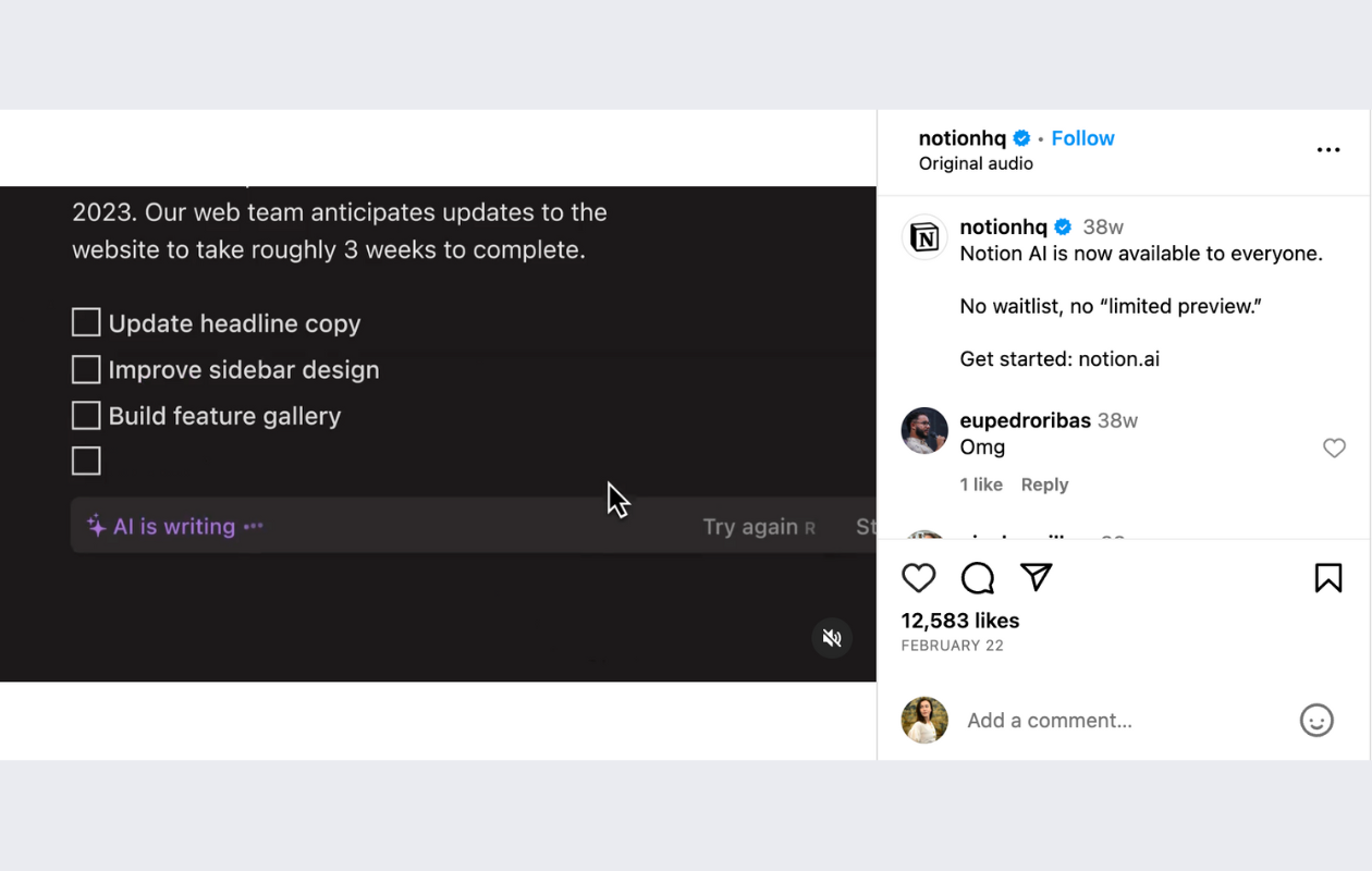 screenshot from notion instagram showing their notion ai feature