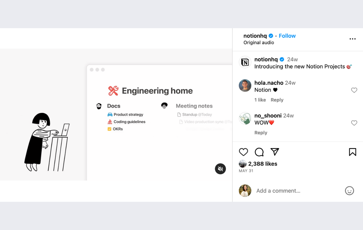 screenshot from notion's instagram post with an animation about notion projects