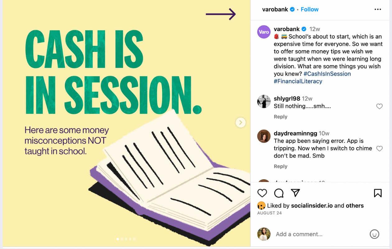 screenshot from varobank instagram with a carousel about "cash is in session"