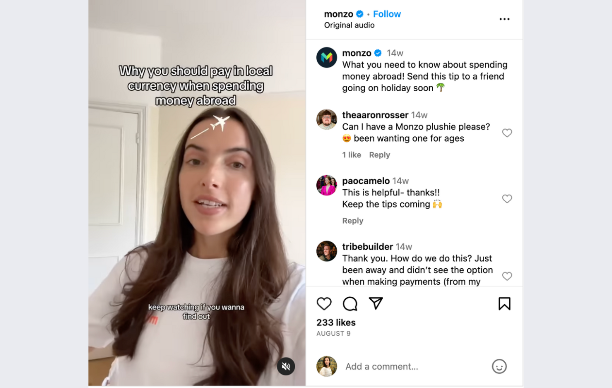 screenshot from monzo's instagram post showing a girl talking about "why you should pay in local currency when spending money abroad"
