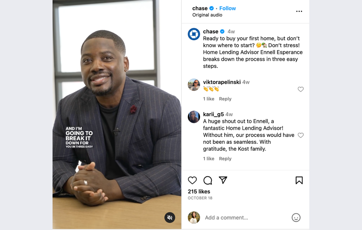 screenshot from an instagram post from chase bank, showing a man of colour talking about how to buy your first home