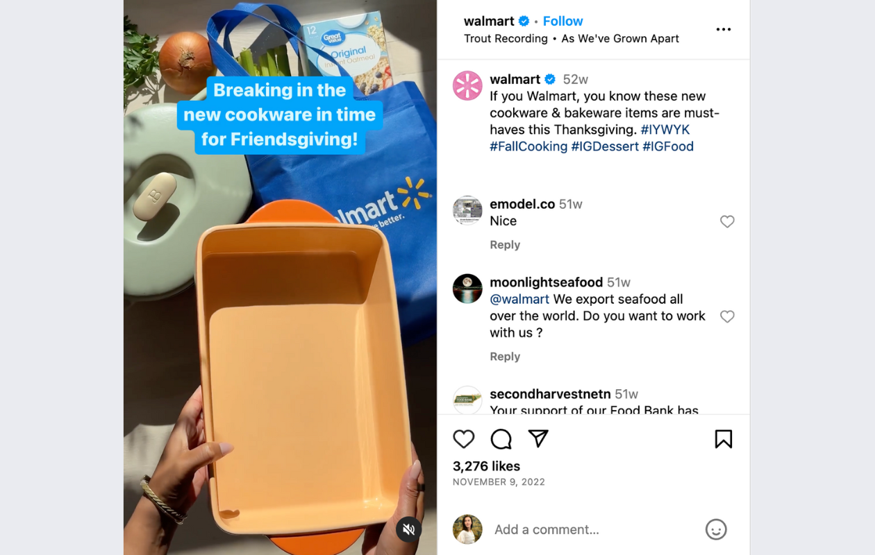 screenshot from walmart instagram's post for thanksgiving with some kitchen items 