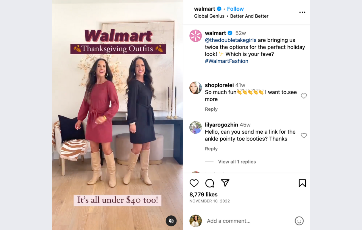 screenshot from walmart instagram's post with walmart thanksgiving outfits with 2 women dressed in dresses, one pink, one blue